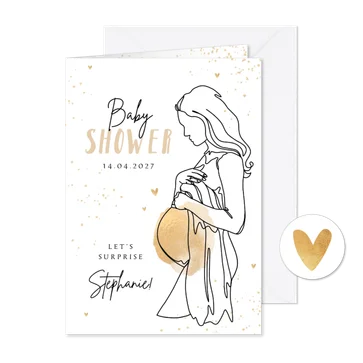 Uitnodiging babyshower line art zwanger goud hartjes